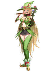 Rule 34 | 1girl, absurdres, belt, blonde hair, breasts, brown skirt, character request, cleavage, commentary request, flower, flute, greem bang, green hat, green thighhighs, hair between eyes, hat, hat flower, highres, instrument, large breasts, long hair, mandolin, midriff, miniskirt, music, navel, panties, pantyshot, playing instrument, pointy ears, simple background, skirt, standing, thighhighs, underwear, very long hair, white background, white panties