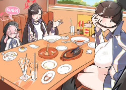 Rule 34 | 3girls, blue archive, chopsticks, copyright name, cup, food, fork, hasumi (blue archive), hasumi (track) (blue archive), ice cream cup, multiple girls, plate, pudding, restaurant, spoon, tmgkk laser doc
