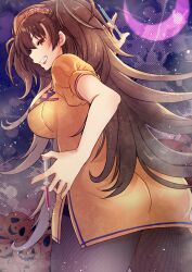 Rule 34 | 1girl, absurdres, breasts, brown hair, dr. arach, highres, holding, holding syringe, large breasts, looking at viewer, moon, non-web source, nurse, orange vest, pantyhose, pumpkin, shimotsukishin, smile, smug, syringe, tsukihime, tsukihime (remake), vest, yellow eyes