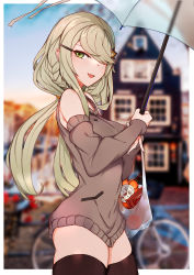 Rule 34 | 1girl, :d, absurdres, bag, black thighhighs, blurry, blurry background, blush, bottle, braid, breasts, brown sleeves, brown sweater, choumi wuti (xueye fanmang zhong), commentary request, day, depth of field, detached sleeves, fang, girls&#039; frontline, green eyes, green hair, hair ornament, hair over one eye, hairclip, highres, holding, holding umbrella, long hair, long sleeves, looking at viewer, medium breasts, open mouth, plastic bag, sleeveless, sleeveless sweater, smile, solo, sweater, tac-50 (girls&#039; frontline), thighhighs, transparent, transparent umbrella, umbrella, very long hair
