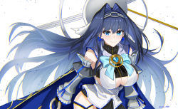 Rule 34 | absurdres, alternate hair length, alternate hairstyle, blue eyes, blue hair, bow, bow earrings, bowtie, breasts, chain, detached sleeves, earrings, gem, gloves, hair between eyes, hair intakes, highres, hololive, hololive english, jewelry, kaji zarame, large breasts, long hair, looking at viewer, ouro kronii, simple background, smile, twitter username, very long hair, virtual youtuber, watermark, white background