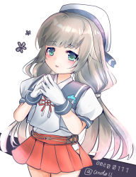 Rule 34 | 1girl, absurdres, blue sailor collar, dated, fingers together, gloves, green eyes, grey hair, hat, highres, hip vent, kantai collection, long hair, low twintails, mikura (kancolle), pleated skirt, puffy short sleeves, puffy sleeves, red skirt, sailor collar, sailor hat, sailor shirt, shirt, short sleeves, skirt, solo, twintails, twitter username, und0ll, undershirt, white background, white gloves, white shirt