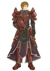 Rule 34 | 1boy, absurdres, armor, blonde hair, breastplate, brown eyes, caada-nyquist, commentary request, fingerless gloves, fire emblem, fire emblem: radiant dawn, full body, gloves, helmet, highres, holding, holding helmet, levail (fire emblem), looking to the side, nintendo, partial commentary, red armor, red footwear, short hair, simple background, solo, very short hair