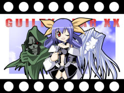 Rule 34 | 1girl, :d, arc system works, asymmetrical wings, blue hair, chibi, chibi only, choker, dizzy (guilty gear), glowing, glowing eyes, guilty gear, hair ribbon, necro (guilty gear), one eye closed, open mouth, red eyes, ribbon, skull, smile, thumbs up, undine (guilty gear), wings, wink