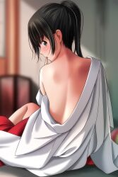 Rule 34 | 1girl, absurdres, bare back, bare shoulders, black eyes, black hair, blurry, blurry background, blush, finger to mouth, from behind, highres, indoors, looking at viewer, looking back, matsunaga kouyou, original, ponytail, short hair, solo