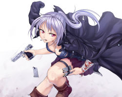 Rule 34 | 1girl, atomix, bandages, bandaged arm, blood, boots, breasts, character request, cigarette, cleavage, coat, desert eagle, gun, handgun, holding, injury, long hair, magazine (object), magazine (weapon), original, pink eyes, pistol, pleated skirt, ponytail, purple hair, scratches, skirt, smoke, smoking gun, solo, thigh strap, torn clothes, weapon