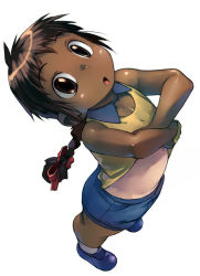 Rule 34 | 1girl, :o, braid, brown eyes, brown hair, child, from above, full body, long hair, looking at viewer, looking up, original, satou toshiyuki, shiny skin, shirt tan, shoes, shorts, simple background, solo, standing, tan, tanline, undressing, white background