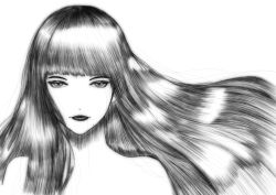 Rule 34 | 1girl, absurdres, bare shoulders, black hair, chikuwa (aymg7332), eyelashes, final fantasy, final fantasy xiv, greyscale, hair in own mouth, hair strand, highres, hime cut, lips, lipstick, long hair, makeup, mole, mole under mouth, monochrome, sidelocks, simple background, solo, tsurime, upper body, white background, wind, yotsuyu goe brutus