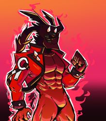 Rule 34 | 1boy, absurdres, aura, clenched hand, dark persona, dragon install, fire, glowing, glowing eyes, guilty gear, guilty gear xrd, headband, helmet, highres, ionicisaac, jacket, male focus, manly, muscular, open clothes, open hand, open jacket, ponytail, red background, sol badguy, solo, winged helmet