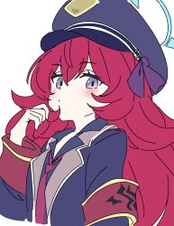 Rule 34 | 1girl, armband, black hat, black shirt, blue archive, blue halo, blush, collared shirt, grey eyes, hair between eyes, halo, hat, iroha (blue archive), ixy, long hair, necktie, peaked cap, red armband, red hair, red necktie, shirt, simple background, solo, upper body, white background