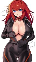 Rule 34 | 1girl, black gloves, blue eyes, bodysuit, breasts, cleavage, gloves, gluteal fold, guardian tales, highres, large breasts, long hair, looking at viewer, movie star eugene, ndgd, open bodysuit, open clothes, open mouth, red hair, simple background, solo, standing, sweat, thigh strap, unzipped, white background