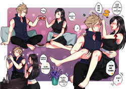 Rule 34 | 1boy, 1girl, alcohol, apron, arm ribbon, babigonice, bare shoulders, barefoot, black hair, black shorts, blonde hair, blue eyes, blush, bottle, breasts, carrying, chocobo, cloud strife, cocktail shaker, counter, couple, crop top, cup, drink, drunk, earrings, embarrassed, english text, feet, final fantasy, final fantasy vii, final fantasy vii advent children, high collar, holding, holding cup, jewelry, liquor, long hair, midriff peek, navel, pillow, princess carry, red eyes, ribbon, shorts, sleeveless, speech bubble, spiked hair, squeans, text focus, tifa lockhart, waist apron