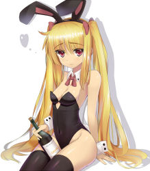 Rule 34 | 1girl, animal ears, arm support, bare shoulders, black thighhighs, blonde hair, bottle, breasts, cafeore, covered navel, detached collar, fake animal ears, fate testarossa, hair ribbon, highleg, highleg leotard, impossible clothes, leotard, long hair, lyrical nanoha, mahou shoujo lyrical nanoha, playboy bunny, rabbit ears, rabbit tail, red eyes, ribbon, sitting, small breasts, solo, tail, thighhighs, thighs, twintails, very long hair, wine bottle, wrist cuffs