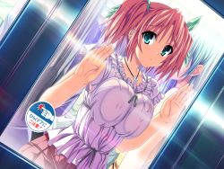 Rule 34 | 1girl, against glass, akaza, amasaka miko, aqua eyes, breast press, breasts, breasts on glass, covered erect nipples, dutch angle, female focus, game cg, henshin!!! ~pantsu ni natte kunkun peropero~, jewelry, large breasts, looking at viewer, necklace, pig tail, pink hair, solo, solo focus, tail