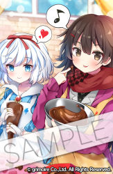Rule 34 | 2girls, :p, apron, bad id, bad pixiv id, black hair, blue dress, blue eyes, blurry, blurry background, blush, bow, bowl, brave sword x blaze soul, brick wall, bridal gauntlets, brown apron, brown eyes, candy, character request, chocolate, chocolate heart, chocolate on hand, closed mouth, collarbone, collared dress, commentary request, depth of field, dress, eighth note, food, food on hand, hair between eyes, hair bow, hair ornament, hairclip, hand up, heart, holding, holding bowl, jacket, long hair, long sleeves, looking at viewer, masayo (gin no ame), mixing bowl, multiple girls, musical note, nail polish, official art, open clothes, open jacket, pink nails, puffy short sleeves, puffy sleeves, purple jacket, red bow, red scarf, sample watermark, scarf, short sleeves, sleeves past wrists, smile, spoken heart, spoken musical note, tongue, tongue out, valentine, very long hair, watermark, white apron, white hair, white jacket, window