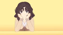 Rule 34 | 1girl, amagami, arm support, black eyes, blush, brown hair, brown jacket, buttons, closed mouth, commentary request, highres, jacket, long sleeves, looking at viewer, medium hair, orange background, sagiri-suzusiro, shirt, smile, solo, tanamachi kaoru, wavy hair, white shirt