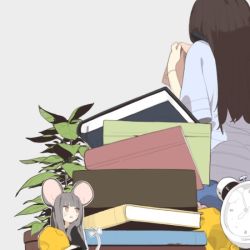Rule 34 | 2girls, alarm clock, animal ears, black capelet, blunt bangs, book, book stack, bow, brown hair, capelet, cheese, clock, doremi, facing away, food, grey background, grey hair, holding, long hair, long sleeves, mini person, minigirl, mouse ears, mouse tail, multiple girls, original, parted lips, simple background, sneaking, solo focus, sweatdrop, tail, tail bow, tail ornament, theft, wristband