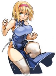 Rule 34 | 1girl, alice margatroid, bare shoulders, blonde hair, blue dress, blue eyes, bouncing breasts, breasts, china dress, chinese clothes, dress, hairband, hip focus, large breasts, leg lift, no panties, pelvic curtain, perky breasts, running, sachito, short hair, side slit, simple background, solo, thick thighs, thighhighs, thighs, touhou, white background, white thighhighs