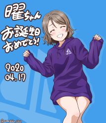 Rule 34 | 1girl, 2020, ^ ^, blue background, brown hair, closed eyes, dated, dress, facing viewer, grin, happy birthday, highres, hood, hood down, hooded sweater, long sleeves, love live!, love live! sunshine!!, purple sweater, short hair, sleeves past wrists, smile, solo, straight hair, sweater, sweater dress, twitter username, watanabe you, yumechiku