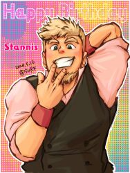 Rule 34 | 1boy, arms behind head, bara, black vest, blue eyes, blush, buttons, crave saga, dated, double-breasted, facial hair, goatee, grin, happy birthday, highres, male focus, pink shirt, safu (maimai3737), shirt, short hair, sleeves rolled up, smile, solo, stannis (crave saga), thick eyebrows, twitter username, upper body, v, vest, white hair, wristband