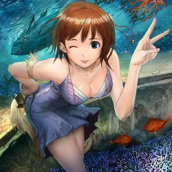 Rule 34 | 1girl, :p, aquarium, bad id, bad pixiv id, bare shoulders, bent over, breasts, brown hair, cleavage, downblouse, dress, fish, foreshortening, hand on own hip, large breasts, leaning forward, looking at viewer, one eye closed, original, shijima (tanfn), short dress, short hair, smile, solo, tongue, tongue out, v, wink