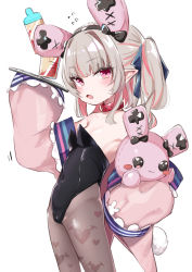 Rule 34 | 1girl, absurdres, animal ears, bare shoulders, black hairband, blue ribbon, blunt bangs, blush, breasts, brown pantyhose, collar, commentary request, covered navel, fake animal ears, fang, flat chest, grey hair, hair ribbon, hairband, highres, holding, holding stuffed toy, leotard, looking at viewer, makaino ririmu, multicolored hair, nijisanji, open mouth, pantyhose, pink eyes, playboy bunny, pointy ears, print pantyhose, rabbit ears, red collar, red hair, ribbon, simple background, sleeves past fingers, sleeves past wrists, small breasts, solo, standing, stuffed animal, stuffed rabbit, stuffed toy, sweatdrop, twintails, two-tone hair, utsusumi kio, virtual youtuber, white background