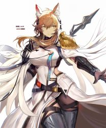 Rule 34 | 1girl, absurdres, animal ear fluff, animal ears, arknights, armor, blonde hair, bracer, breasts, character name, chinese commentary, chong (547342983), commentary request, cowboy shot, dress, gloves, hair between eyes, headset, highres, large breasts, long hair, looking to the side, nearl (arknights), nearl the radiant knight (arknights), official alternate costume, parted lips, partial commentary, pauldrons, shoulder armor, simple background, solo, standing, thigh strap, thighs, white background, white dress, yellow eyes