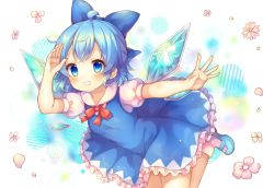 Rule 34 | 1girl, ahoge, arm up, blue bow, blue dress, blue eyes, blue footwear, blue hair, bow, cirno, coa (chroo x), commentary request, detached wings, dress, flower, frilled dress, frills, hair bow, highres, ice, ice wings, mary janes, mouth hold, neck ribbon, outstretched arm, petals, pinafore dress, pink flower, puffy short sleeves, puffy sleeves, red ribbon, ribbon, salute, shoes, short sleeves, sleeveless, sleeveless dress, socks, solo, spread fingers, touhou, white socks, wings