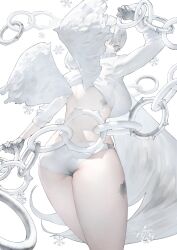 Rule 34 | 1girl, ass, breasts, chain, crop top, from behind, gloves, grey gloves, large breasts, long hair, long sleeves, mi8pq, original, panties, shirt, snowflakes, solo, underwear, white background, white eyes, white hair, white panties, white shirt, white theme, white wings, wings