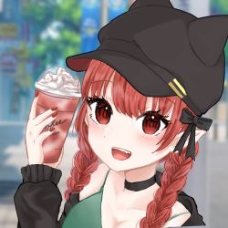 Rule 34 | 1girl, :d, alternate costume, aoringo orin, blurry, blurry background, blurry foreground, braid, choker, cup, day, depth of field, hat, highres, holding, holding cup, kaenbyou rin, looking at viewer, nail polish, open mouth, outdoors, pointy ears, red hair, red nails, smile, solo, teeth, touhou, twin braids, upper teeth only