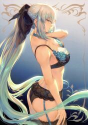 Rule 34 | 1girl, absurdres, aqua hair, ass, bare arms, blue eyes, bow, bra, braid, breasts, choker, closed mouth, duplicate, fate/grand order, fate (series), from side, garter belt, garter straps, gradient background, gradient hair, hair bow, hair ornament, hand up, high ponytail, highres, lingerie, long hair, looking at viewer, mashuu (neko no oyashiro), medium breasts, morgan le fay (fate), multicolored hair, panties, ponytail, scan, simple background, solo, thighhighs, thighs, two-tone hair, underwear, underwear only, white hair