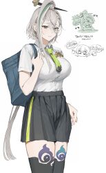 1girl 42u16 absurdres bag black_skirt blue_bag blush breasts closed_mouth collared_shirt commentary_request fate/grand_order fate_(series) fujimaru_ritsuka_(female) green_hair green_necktie grey_eyes grey_hair hair_between_eyes hair_ornament hairpin hand_fan highres huyan_zhuo_(fate) large_breasts long_hair looking_at_viewer multicolored_hair multiple_views necktie pleated_skirt school_bag school_uniform shirt simple_background skirt solo_focus streaked_hair translation_request very_long_hair white_background white_shirt
