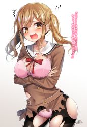 Rule 34 | !, !?, 1girl, ?, ^^^, arms under breasts, bad id, bad pixiv id, bang dream!, black pantyhose, blonde hair, blush, bow, bow panties, bra, breast hold, breasts, brown dress, brown eyes, cleavage, collarbone, crossed arms, dress, panties, gradient background, grey background, hair between eyes, hair ornament, hair tie, highres, ichigaya arisa, long hair, medium breasts, open mouth, panties, pantyhose, pink bra, pink panties, pleated dress, questionmark, ramchi, red bow, sailor collar, sailor dress, school uniform, sidelocks, signature, solo, surprised, sweat, torn clothes, torn dress, torn pantyhose, twintails, underwear, white background, white sailor collar, x hair ornament