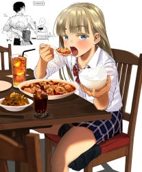 Rule 34 | 1girl, 2boys, backpack, bad id, bad twitter id, bag, black legwear, blonde hair, blue eyes, blue skirt, bow, bowl, bowtie, cashier, chair, collared shirt, cup, drinking glass, drinking straw, eating, food, food request, glass, highres, holding, hug, hug from behind, ice, ice cube, iced tea, inactive account, long hair, looking at viewer, mapo tofu, masuda (yousaytwosin), multiple boys, no shoes, open mouth, original, plaid, plaid skirt, plate, randoseru, red neckwear, rice, rice bowl, school uniform, shirt, sitting, skirt, socks, solo focus, table, tongue, tongue out, white shirt, wing collar
