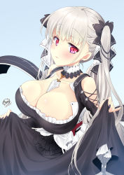 Rule 34 | 1girl, artist name, azur lane, black dress, blue background, blush, breasts, cleavage, clothes lift, collared dress, commentary request, dress, earrings, formidable (azur lane), frilled dress, frills, hair between eyes, hair ribbon, highres, holding, holding clothes, holding dress, jewelry, kayura yuka, large breasts, lifting own clothes, looking at viewer, looking to the side, nail polish, red eyes, ribbon, signature, silver hair, simple background, skirt, skirt lift, solo, twintails, upper body