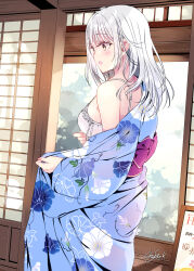 Rule 34 | 1girl, blue kimono, bra, breasts, commentary request, floral print kimono, from side, grey hair, highres, japanese clothes, kimono, kobayashi chisato, long hair, looking ahead, medium breasts, off shoulder, open mouth, original, shouji, sideboob, signature, sliding doors, solo, underwear, undressing, white bra, yellow eyes