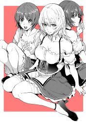 Rule 34 | 3girls, :d, alternate costume, apron, arm support, back-to-back, blush, bonkara (sokuseki maou), breasts, cleavage, closed mouth, commentary, corset, dirndl, dress, frilled dress, frills, frown, german clothes, girls und panzer, greyscale, greyscale with colored background, high heels, highres, interlocked fingers, itsumi erika, light blush, long hair, looking at viewer, medium breasts, monochrome, multiple girls, nishizumi maho, nishizumi miho, open mouth, outside border, own hands together, partially colored, pink background, puffy short sleeves, puffy sleeves, red background, short dress, short hair, short sleeves, siblings, sisters, sitting, smile, thighhighs, underbust, waist apron, wariza