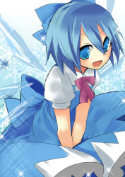 Rule 34 | 1girl, akuya-azami, back bow, blue bow, blue dress, blue eyes, blue hair, bow, cirno, dress, dress tug, hair bow, ice, ice wings, light blush, looking at viewer, neck ribbon, puffy short sleeves, puffy sleeves, red ribbon, ribbon, short hair, short sleeves, smile, snowflake background, solo, sparkle, touhou, wings