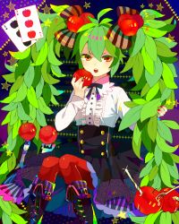 Rule 34 | 1girl, apple, bad id, bad pixiv id, boots, food, food-themed hair ornament, fork, fruit, green hair, hair ornament, hatsune miku, knee boots, leaf, long hair, open mouth, orange eyes, pantyhose, sanae (satansanae), sitting, solo, twintails, very long hair, vocaloid