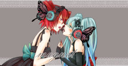 Rule 34 | 2girls, aqua eyes, aqua hair, blush, bow, bug, butterfly, butterfly hair ornament, crossover, dress, drill hair, elbow gloves, face-to-face, fingerless gloves, gloves, hair ornament, hatsune miku, headset, holding hands, insect, kasane teto, kotsuki (moony), magnet (vocaloid), multiple girls, nail polish, open mouth, red eyes, red hair, twin drills, twintails, utau, vocaloid, yuri