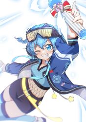 Rule 34 | 1girl, arm up, belt, black skirt, blue eyes, blue hair, blue jacket, blue shirt, breasts, catchphrase, commentary request, cropped shirt, dolldolldd, dorothy west, fishnet top, fishnets, glowing, goggles, goggles on head, grin, head-mounted display, highres, holding, holding microphone, jacket, korean commentary, long sleeves, looking at viewer, microphone, midriff, one eye closed, open clothes, open jacket, open mouth, outstretched arm, pretty series, pripara, shirt, short hair, skirt, small breasts, smile, solo, standing, white background, yellow belt