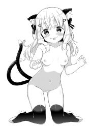 Rule 34 | &gt;:p, 1girl, animal ear fluff, animal ears, black thighhighs, blush, bow, breasts, cat ears, cat tail, claw pose, fangs, full body, greyscale, hair bow, hair ornament, hairclip, highres, kneeling, medium breasts, medium hair, monochrome, muku (muku-coffee), multiple tails, navel, nipples, nude, original, pussy, solo, tail, thigh gap, thighhighs, tongue, tongue out, white hair