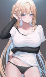 Rule 34 | 1girl, absurdres, arm up, black panties, black shirt, blonde hair, blue eyes, breast hold, breasts, bright pupils, closed mouth, collarbone, colored inner hair, commission, cowboy shot, earrings, gradient background, highres, jewelry, large breasts, long hair, long sleeves, looking at viewer, multicolored hair, no pants, one side up, original, p00nipooni, panties, shirt, smile, solo, standing, undershirt, underwear, very long hair, white shirt
