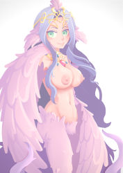 Rule 34 | 1girl, absurdres, animal ears, bird ears, bird legs, breasts, commentary, english commentary, feathered wings, feathers, gem, green eyes, harpy, highres, jewelry, large areolae, long hair, medium breasts, mon-musu quest!, monster girl, navel, necklace, nipples, nude, pink feathers, pink wings, purple hair, lucretia (mon-musu quest!), refrone, simple background, smile, solo, tiara, very long hair, white background, winged arms, wings