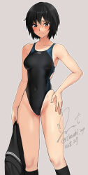 Rule 34 | 1girl, amagami, back cutout, bare shoulders, black eyes, black hair, black jacket, black one-piece swimsuit, black socks, blue one-piece swimsuit, blush, breasts, closed mouth, clothing cutout, collarbone, competition swimsuit, covered navel, dated, gluteal fold, grey background, hand on own hip, highleg, highleg swimsuit, highres, holding, holding clothes, jacket, unworn jacket, kneehighs, looking at viewer, nanasaki ai, one-piece swimsuit, short hair, signature, simple background, small breasts, socks, solo, standing, swimsuit, thighs, two-tone swimsuit, yoo tenchi