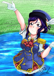 Rule 34 | 1girl, absurdres, alternate hairstyle, artist name, artist request, ascot, blue dress, blue hair, blue hat, blush, boots, brown footwear, collared dress, conductor, cross-laced footwear, dress, earrings, epaulettes, feathers, female focus, full body, gloves, hair bun, happy party train, hat, hat feather, highres, jewelry, knee boots, long hair, looking at viewer, love live!, love live! school idol festival, love live! sunshine!!, matsuura kanan, ponytail, purple eyes, purple hair, red ascot, short hair, short sleeves, sidelocks, single hair bun, smile, solo, souneko 123, standing, whistle, white feathers, white gloves