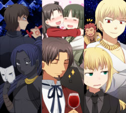 Rule 34 | 4boys, 4girls, :d, = =, age difference, aged down, artoria pendragon (all), artoria pendragon (fate), assassin (fate/zero), beard, black keys (type-moon), blonde hair, blue hair, bottle, brown hair, cape, casual, child, column lineup, command spell, criss-cross halter, cup, dark-skinned female, dark skin, drinking glass, earrings, closed eyes, facial hair, fate/stay night, fate/zero, fate (series), female assassin (fate/zero), formal, from behind, fur trim, gilgamesh (fate), green eyes, halterneck, heart, hug, iskandar (fate), itou (mogura), jewelry, kotomine kirei, mask, mother and daughter, multiple boys, multiple girls, necktie, official alternate costume, open mouth, pant suit, pants, ponytail, red hair, saber (fate), short hair, smile, suit, sword, tohsaka aoi, tohsaka rin, tohsaka tokiomi, weapon, wine glass