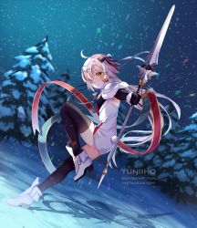 Rule 34 | 1girl, absurdres, ahoge, artist name, bell, black gloves, black thighhighs, bow, capelet, elbow gloves, fate/grand order, fate (series), floating hair, full body, fur-trimmed capelet, fur trim, gloves, hair bow, headpiece, highres, holding, holding polearm, holding spear, holding weapon, jeanne d&#039;arc (fate), jeanne d&#039;arc alter santa lily (fate), leg up, long hair, outdoors, polearm, silver hair, sky, snowing, solo, spear, star (sky), starry sky, striped, striped bow, thighhighs, very long hair, watermark, weapon, web address, white capelet, wrist cuffs, yellow eyes, yuniiho, zettai ryouiki