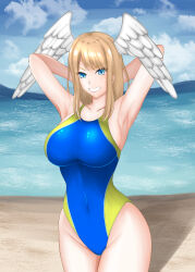 Rule 34 | 1girl, absurdres, angel wings, armpits, arms behind head, beach, blue eyes, breasts, brown hair, cleavage, competition swimsuit, covered navel, eunie (xenoblade), highres, large breasts, legs, looking at viewer, ocean, one-piece swimsuit, short hair, sideboob, smile, solo, swimsuit, thighs, water, wings, xenoblade chronicles (series), xenoblade chronicles 3