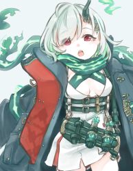 Rule 34 | 1girl, belt, breasts, buckle, cleavage, dress, green hair, grey background, hair ornament, hairclip, holster, holstered, ishikoro1645, jacket, little match girl (sinoalice), looking at viewer, open clothes, open jacket, open mouth, red eyes, scarf, short hair, simple background, sinoalice, solo
